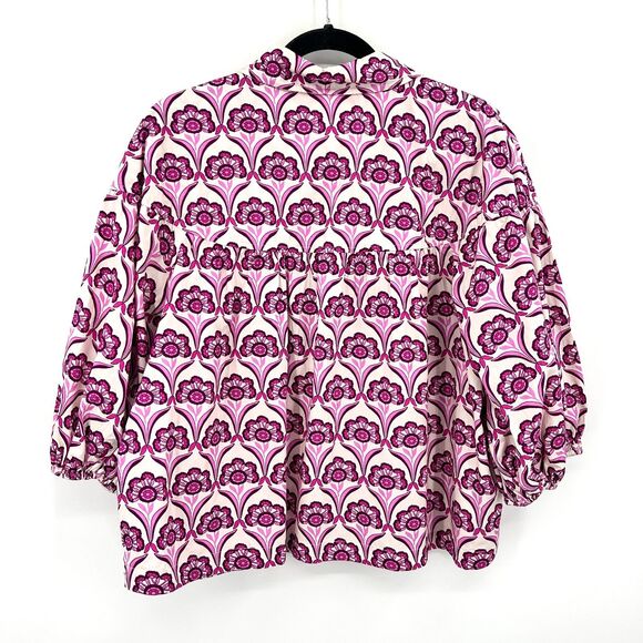 NWT ANTHROPOLOGIE Maeve Purple White Zooey Bubble Sleeve Pleated Crop Blouse XL - Picture 3 of 7